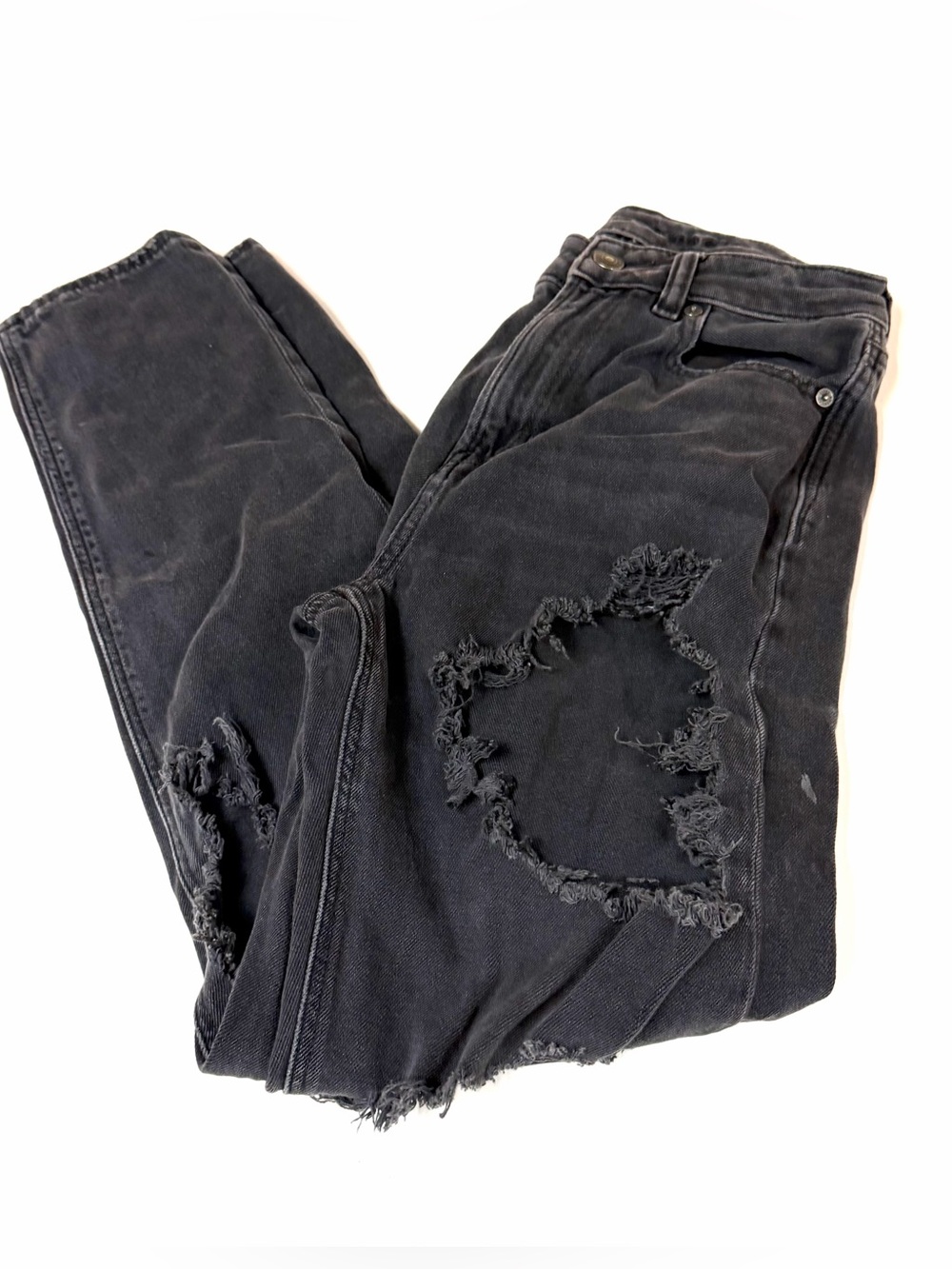 American Eagle Women’s Size 0 Mom Jeans Black Denim Distressed #4321